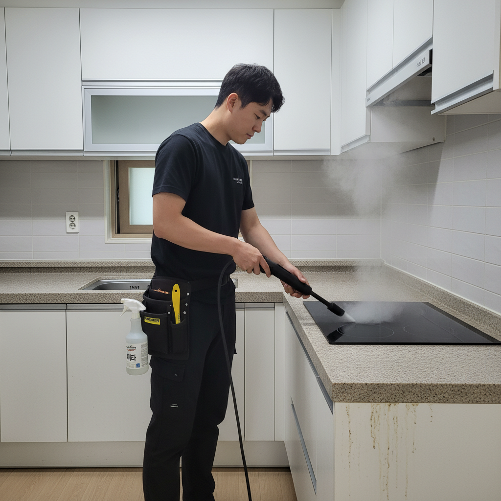 카처 스팀기로 빌트인 가전 주변의 분진을 제거하는 모습.