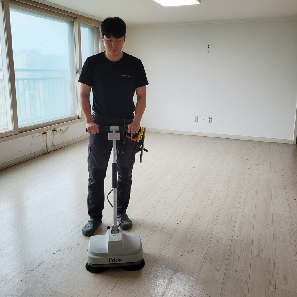 디월트 폴리셔로 화장실 타일의 묵은 때를 제거하는 모습.